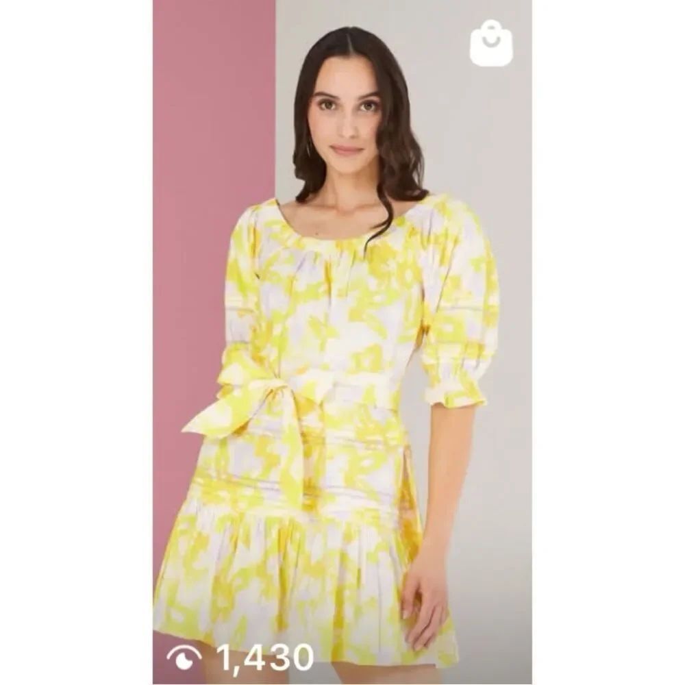 Alivia Victoria Krasny Cotton Yellow Floral Tie-Waist Mini Dress Size XS